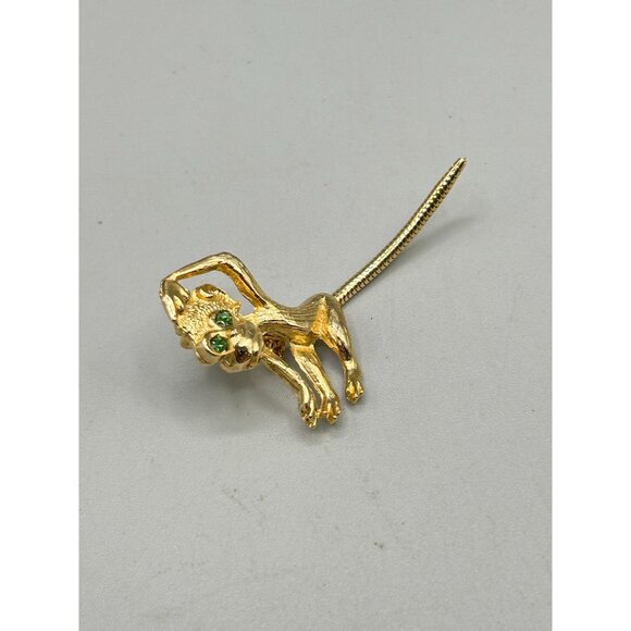 Vintage Gold Tone Monkey Brooch with Green Rhinestone Eyes & Movable Tail - Picture 2 of 5